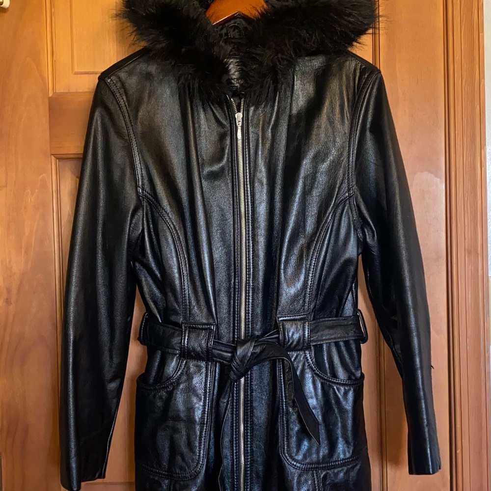 Men’s Wilsons Leather Jacket Coat Hooded Black w/ belt